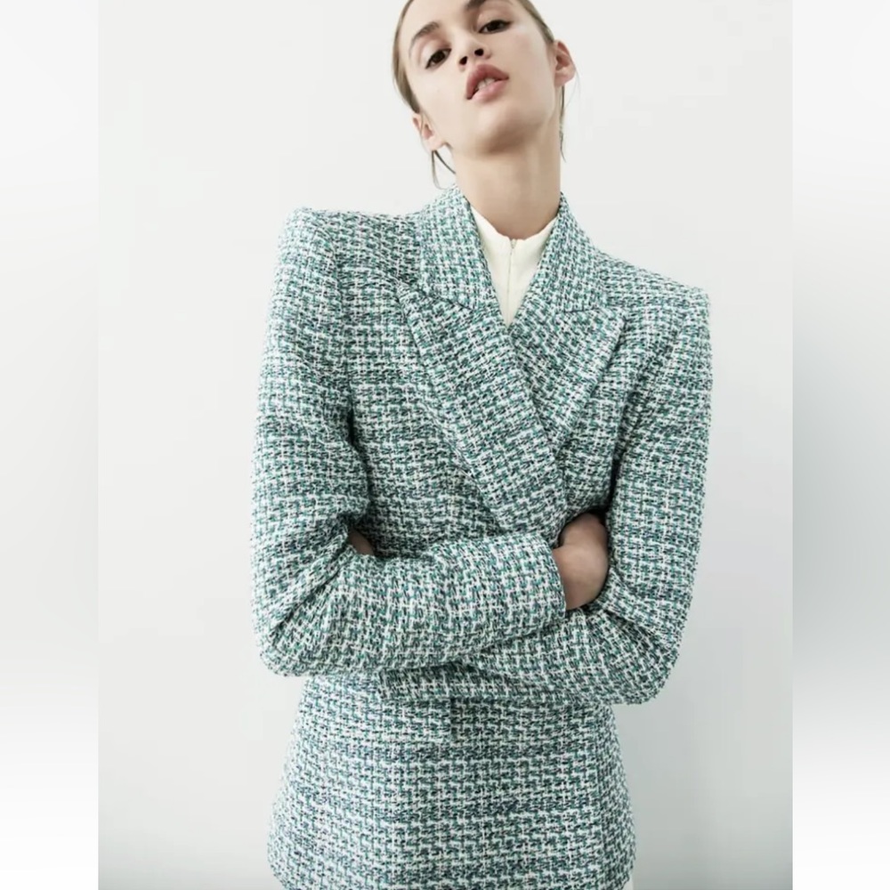 ZARA BUTTONED TEXTURED WEAVE BLAZER  GREE/BLUE SIZE S NEW - Picture 6 of 11
